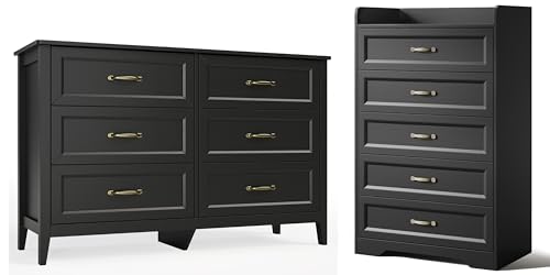 2-Piece Bedroom Furniture Set, 2-PC Dresser Set for Bedroom, Includes a 5 Drawer Dresser and a 6 Chest of Drawers, with Smooth Rail, Handles, Anti-Tipping, Large Storage Space, Black