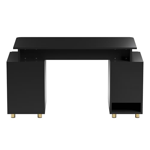57"W Computer Desk w/ 3 Drawers & Storage Cabinet, Black/Gold, view 7