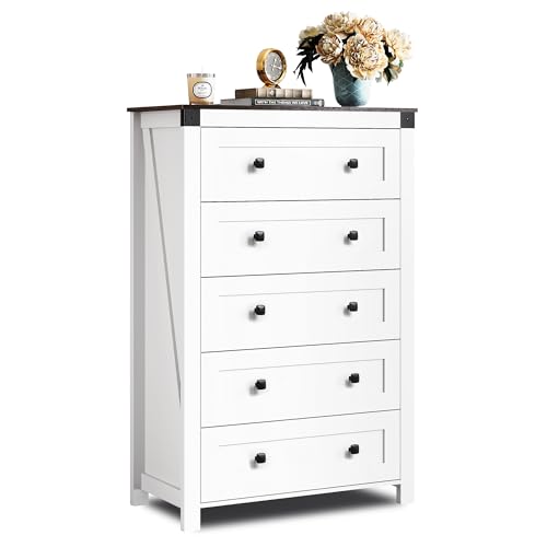 5-Drawer 31.50"W Farmhouse TV Stand with Rustic Handles, White, view 2