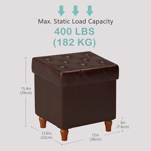 Folding Storage Ottoman Cube PU Leather Footstool with Wood Legs Ottoman Footrest for Living Room and Bedroom Brown, 15x12.6 x 15.4”