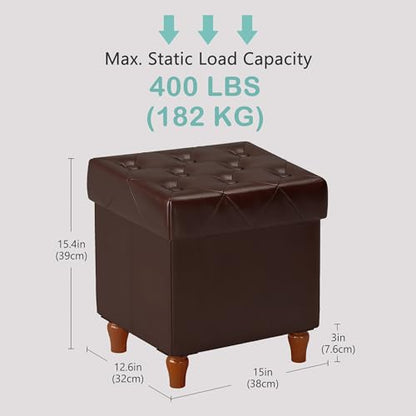 Folding Storage Ottoman Cube PU Leather Footstool with Wood Legs Ottoman Footrest for Living Room and Bedroom Brown, 15x12.6 x 15.4”