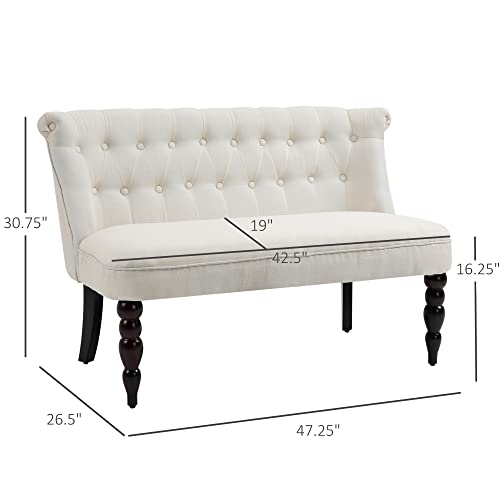 Fabric Loveseat with Wood Legs, Buton Tufted Settee, Cream White | Upholstered, Armless, Living Room