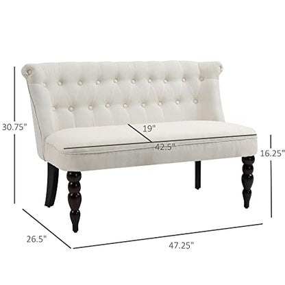 Fabric Loveseat with Wood Legs, Buton Tufted Settee, Cream White | Upholstered, Armless, Living Room