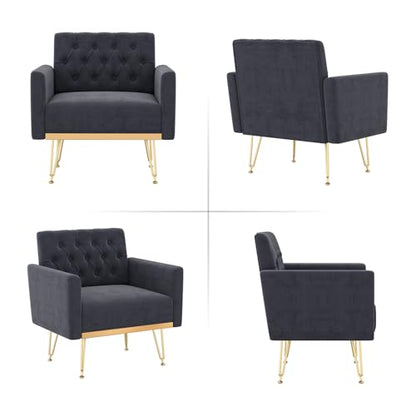 Accent Chair with Arm for Living Room, Velvet Modern Armchair Single Sofa Cozy Tufted Upholstered Reading Side Chairs with Gold Metal Leg for Bedroom Decorate
