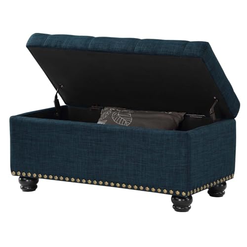 Designs4Comfort 7th Avenue Ottoman Bench 35.5" - Modern Upholstered Footstool & Seat with Hinged Lid & Storage, for Living Room, Bedroom, & Entryway, Dark Blue Fabric