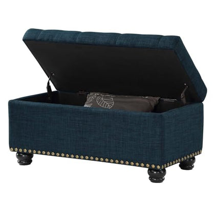 Designs4Comfort 7th Avenue Ottoman Bench 35.5" - Modern Upholstered Footstool & Seat with Hinged Lid & Storage, for Living Room, Bedroom, & Entryway, Dark Blue Fabric