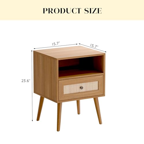 Modern Wicker Rattan Stand Set of 2, Rattan Stand with Drawer and Small Space, Wooden Side Table for Small Spaces, Natural Wood Bedside Table for Bedroom (no Charing Station, 2)