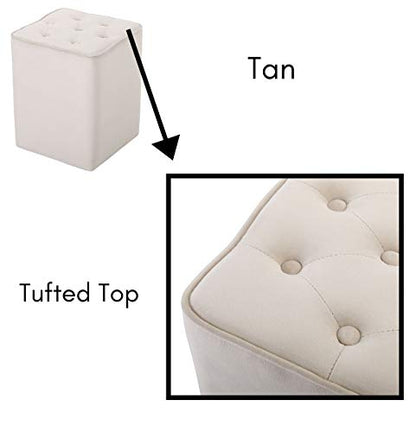 Tufted Tan Velvet Ottoman Foot Stool - Square - Soft Compact Padded Stool - Great for The Living Room, Bedroom and Kids Room - Upholstered Small Furniture