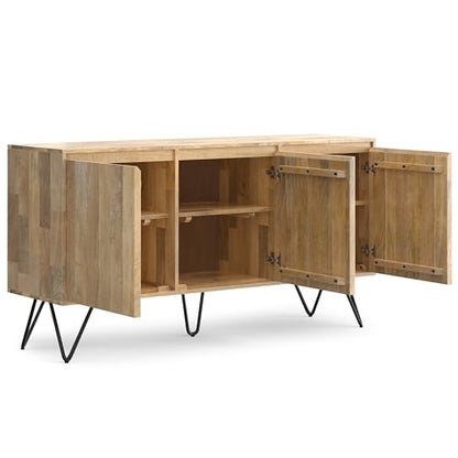 Hunter Buffet - 60 inch Wide Solid Mango Wood 3-Door Sideboard Buffet in Natural, Contemporary Storage Cabinet for Dining Room or Kitchen with Adjustable Shelves and Metal Legs