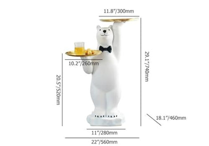 White Bear Side Table with 2-Tier Gold Trays, Modern Animal Sculpture End Table, Decorative Accent Table for Living Room, Bedroom, Nursery & Home Décor