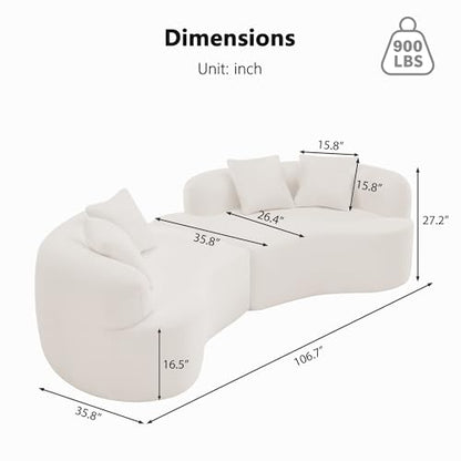 106.7" Modern Curved Oversized Sectional Sofa, Minimalist Modular Cloud Couch with 4 Throw Pillows, Luxury 4-Seater Extra Deep & Wide Seat Sofa in Soft Teddy Fabric, Cream White