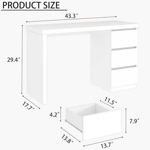 White Desk with Drawers, 43'' W Home Office Computer Desk Gaming Table, Modern Vanity Desk with Storage, Wood Writing Workstation for Bedroom, Living Room, White