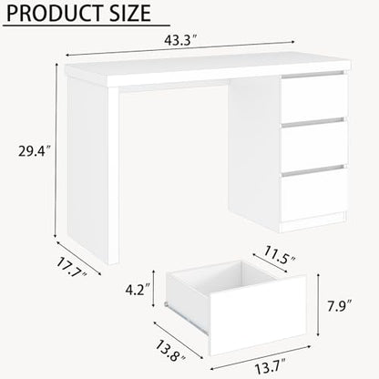 White Desk with Drawers, 43'' W Home Office Computer Desk Gaming Table, Modern Vanity Desk with Storage, Wood Writing Workstation for Bedroom, Living Room, White