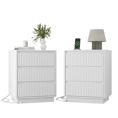 Set of 2 End Tables with Fast USB C Charging Station, Sofa Side Table with 3 Drawers, Large Storage Modern Wood Cabinet for Living Room, Bedroom, Office,White
