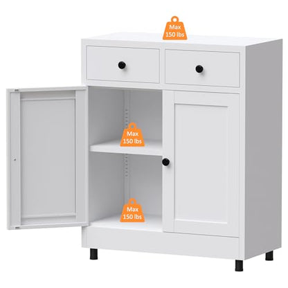 Metal Storage Cabinet with 2 Drawers and Adjustable Shelf, Sideboard Buffet Cabinet for Home, Office, Hallway, Entryway, Living Room, Kitchen Pantry and Dining Room (White)