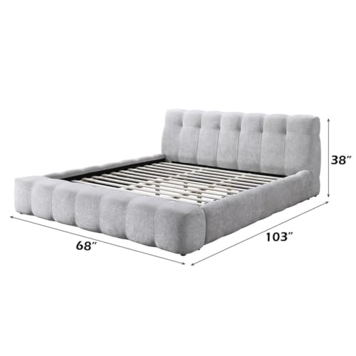 Modern Tufted Upholstered Queen Bed, Gray Chenille Fabric, Plush Headboard and Fully Cushioned Frame, Low-Profile Design with Sturdy Wooden Slats, Rounded Silhouette, Bedroom Furniture