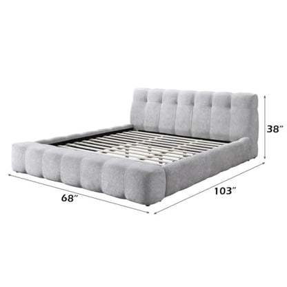 Modern Tufted Upholstered Queen Bed, Gray Chenille Fabric, Plush Headboard and Fully Cushioned Frame, Low-Profile Design with Sturdy Wooden Slats, Rounded Silhouette, Bedroom Furniture