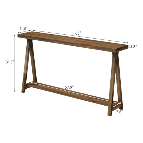 63" Solid Wood Farmhouse Console Table for Living Room, Natural | Rustic Hallway Stand for Entryway, 2-Tier Sofa Storage Unit