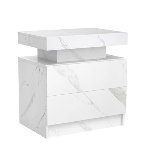 LED Nightstands, Modern End Side Table with 2 Drawers, LED Bedroom Furniture for Bedroom and Living Room, White Marble Pattern