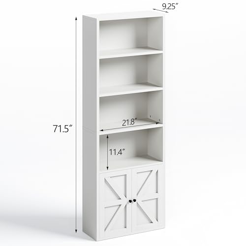 71.5" Tall Bookshelf and Bookcase, 6-Tier Wooden Bookshelves with Cabinet Doors, Floor Bookshelves and Office Storage Cabinets for Home Office, Living Room (White 1 Pack, 6-Tier)
