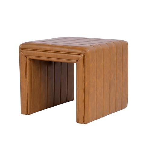 19" Modern Channel Tufted Ottoman - Carmel Brown Faux Leather