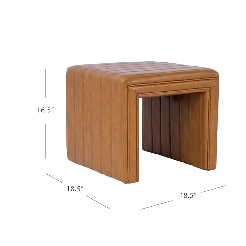 19" Modern Channel Tufted Ottoman - Carmel Brown Faux Leather