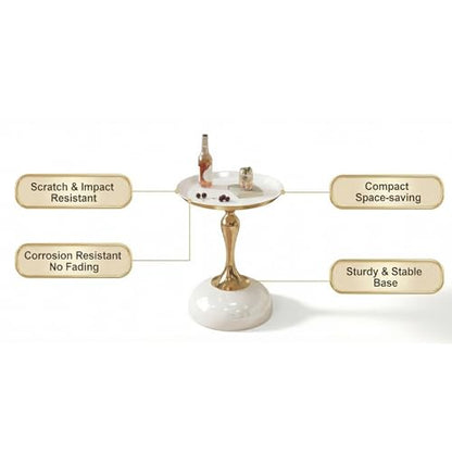 Small White Round Side Table with Gold Pedestal Base - Modern Chic Accent End Table for Living Room, Bedroom & Office Spaces