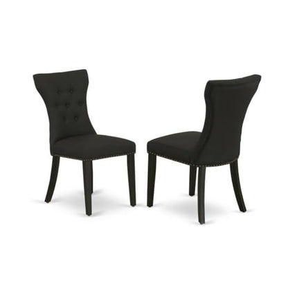5-Piece Wood Dining Set, Rectangular Cement-Finish Table, Black Linen Upholstered Chairs, Solid Wood Frame, Button-Tufted Chair Back, Decorative Nail Heads, Modern Dining Room Furniture