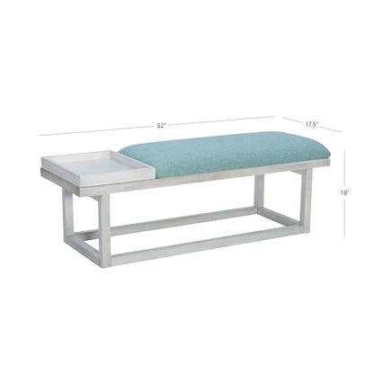 Powell Oakland White Washed Wooden Bench with Aqua Upholstered Seat and Removable Wood Tray