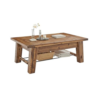 Durango Solid Wood Coffee Table with Metal Storage Shelf | 48-Inch, Rustic Industrial Living Room Table, Metal Accent, Rustic Natural Grain Lacquer Finish