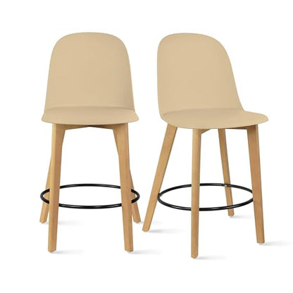Set of 2 Counter Height Barstools | Mid Century Modern Molded Plastic Seat | Solid Wood Legs with Round Metal Footrest | Kitchen Island Bar Chair | Non-Slip Feet, Beige
