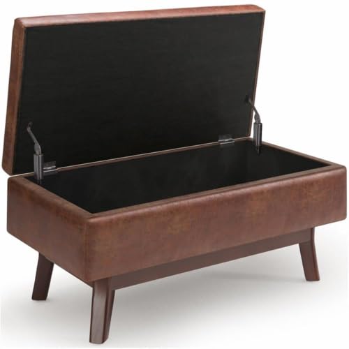36" Faux Leather Storage Ottoman, Saddle Brown, Mid Century Design, Exposed Solid Wood Base, Lift-Up Lid with Child-Safety Hinge, Cushioned Top, Living Room or Family Room Furniture