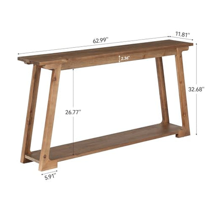 Solid Wood Console Table, 63-Inch Long Couch Table Behind Sofa with 2-Tier Storage, Narrow Entryway Accent Furniture for Living Room, Hallway, Entrance, Foyer (Natural)