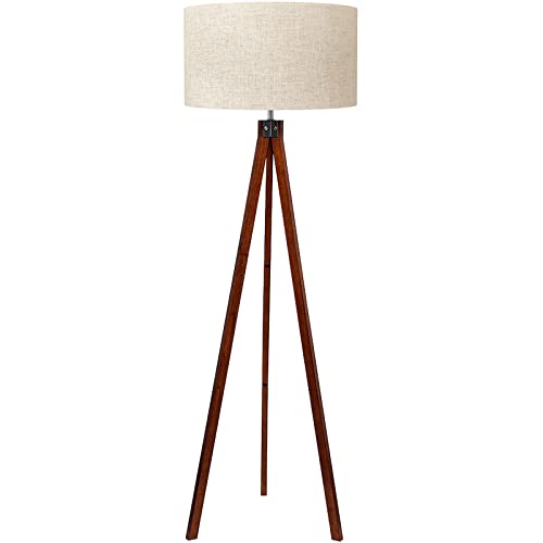 Wood Tripod Floor Lamp, Mid Century Standing Lamp, Modern Design Studying Light for Living Room, Bedroom, Study and Office, Flaxen Linen Shade with E26 Base Brown