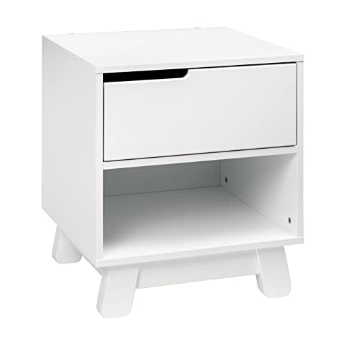 White nightstand with USB port, drawer and storage cubby, view 2