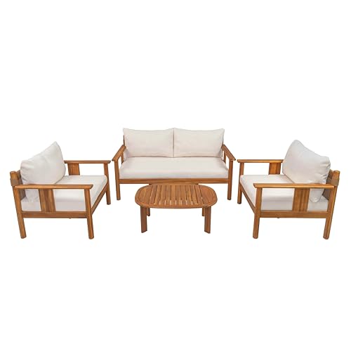 Willy Acacia Wood Patio Furniture Set with Water-Repellent Cushion, 4 Piece Outdoor Acacia Wood Conversation Set, Outdoor Sectional Sofa Set with Coffee Table, Beige+Teak