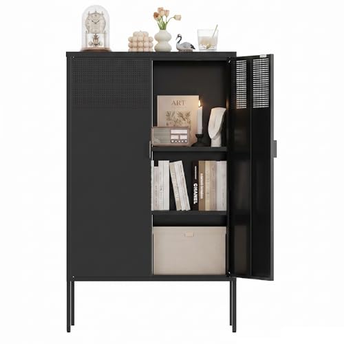 Black Metal Storage Cabinet,2 Door TV Stand, Metal Mesh Accent Cabinet,Magnetic Door Closure,Low Storage Cabinets with Doors and Shelf for Home,Office,Living Room