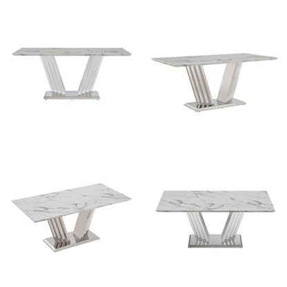 Marble Dining Table for 6 People, 70'' Rectangle Faux Marble Dining Table with Mirrored Stainless Steel Base, Large Size Marble Kitchen Table (Silver,White)(only Table)