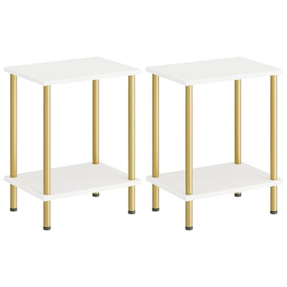 End Tables Set of 2, Small Side Table, Nightstand with 2-Layer Storage Shelves, Sofa Table for Small Spaces, Living Room, Bedroom, Stable Frame, Easy Assembly, White and Gold DW09BZP201