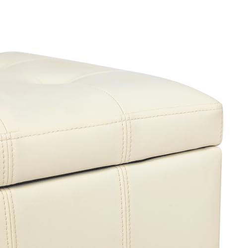 Faux Leather Storage Ottoman with Hinged Lid, 17.5 Inch High Cream White Square Cube Foot Stool with Storage, Upholstered Vanity Stool with Solid Wood Legs for Living Room, Bedroom, Dorm