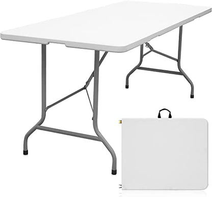 Folding Table 6ft Portable Heavy Duty Plastic Fold-in-Half Utility Foldable Table Plastic Dining Indoor Outdoor for Camping, Picnic and Party, White