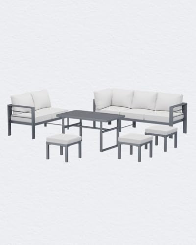 Aluminum Patio Furniture Set, 8 Seats Modern Outdoor Furniture with Adjustable Table, 7 Pieces Metal Conversation Sectional Sofa, Light Gray