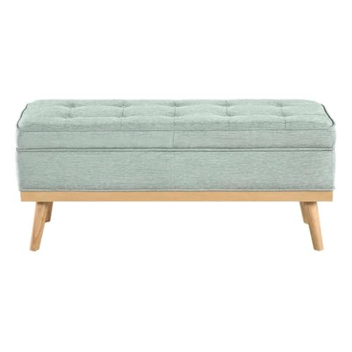 Mid-Century Modern Storage Bench, Mist Green Fabric, Wood Legs, Button-Tufted Design, Soft-Close Hinged Top, 43.5" L x 17" D x 18.5" H, Extra Seating and Hidden Storage for Entryway or