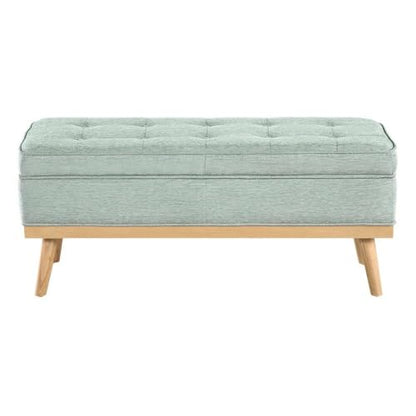 Mid-Century Modern Storage Bench, Mist Green Fabric, Wood Legs, Button-Tufted Design, Soft-Close Hinged Top, 43.5" L x 17" D x 18.5" H, Extra Seating and Hidden Storage for Entryway or