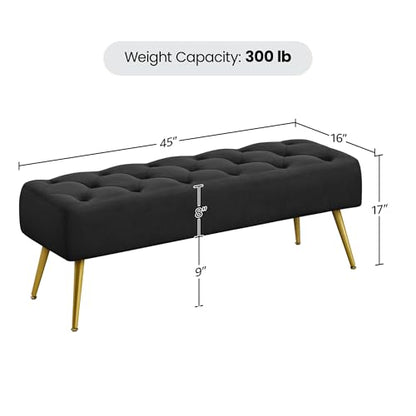 Yaheetech 45" Black Ottomans, Velvet End of Bed Bench, Ottoman Foot Rest with Gold Legs for Living Room, Bedroom, Entryway, Black