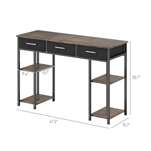 47" Computer Desk with 3 Fabric Drawers, Home Office Desk with Adjustable Shelves, Small Writing Desk with Storage, Rustic Brown