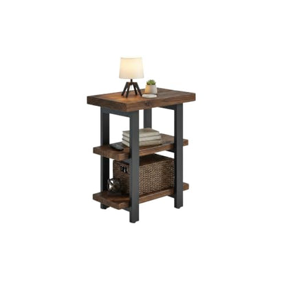 Pomona Solid Wood 3-Tier End Table, Rustic Brown, 20” | Small Side Table or Nightstand with Storage Shelf and Metal Legs, Rustic Farmhouse Chair Side Table for Living Room & Bedroom