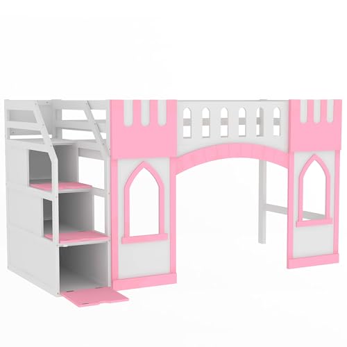 Twin Low Loft Bed with Staircase, Wood Princess Girls Bed Frame with Storage for Boys, Girls, Gray,Pink