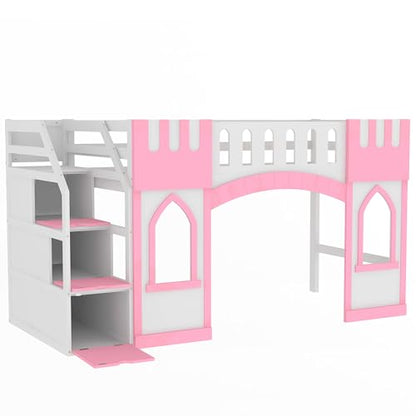 Wood Loft Bed Frame with Storage Stairs, Low Loft Bed with Window and Under-Bed Storage Space for Kids Boys Girls, Box Spring Not Required, Pink(Twin Size)