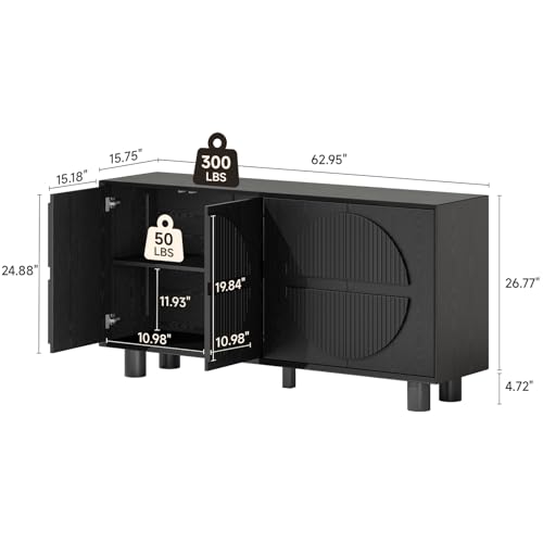63 Inch Fluted Buffet Cabinet w/ Storage, Push-Spring Doors, Black, view 3